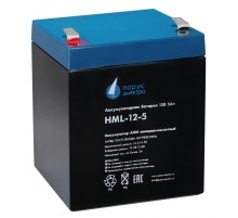 Батарея Парус Электро, профессиональная серия HML-12-5, напряжение 12В, емкость 5.2Ач (разряд 20 часов), макс. ток разряда (5сек) 75А, макс. ток заряда 2А, свинцово-кислотная типа AGM, клеммы F2, ДхШхВ 90х70х101мм., полная высота с клеммами 107мм., вес 1.