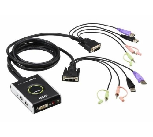 2-портовый KVM-переключатель со встроенными KVM кабелями 2х(1,2м), 1 user DVI-D(Female)+ 2хUSB(Тип А(Female)) +2хАудио(Female) <-> 2 cpu DVI-D(Male)+2хUSB(Тип А(Male))+2хАудио(Male), настольный, некаскад., не требуется внешнее питание/ PETITE 2 PORT DVI C
