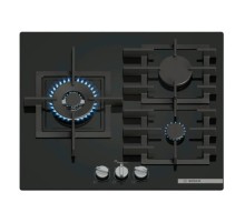 Встраиваемая газовая панель BOSCH Serie 6, газовая варочная панель, 60см,3 конфорки,закаленное стекло, черная,1 WOK-конфорка c 2 контурами пламени, FlameSelect,чугунные решетки, газ-контроль, автоматический электроподжиг, сделано в Испании