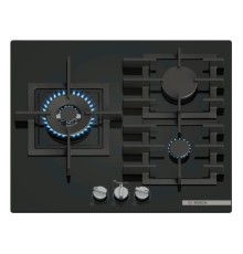 Встраиваемая газовая панель BOSCH Serie 6, газовая варочная панель, 60см,3 конфорки,закаленное стекло, черная,1 WOK-конфорка c 2 контурами пламени, FlameSelect,чугунные решетки, газ-контроль, автоматический электроподжиг, сделано в Испании