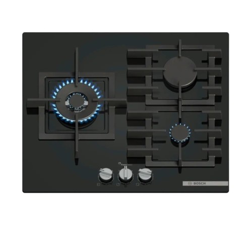 Встраиваемая газовая панель BOSCH Serie 6, газовая варочная панель, 60см,3 конфорки,закаленное стекло, черная,1 WOK-конфорка c 2 контурами пламени, FlameSelect,чугунные решетки, газ-контроль, автоматический электроподжиг, сделано в Испании