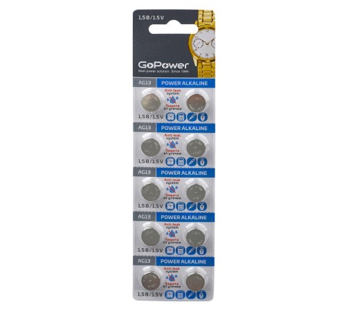 Батарейка/ Батарейка GoPower G13/LR1154/LR44/357A/A76 BL10 Alkaline 1.5V (10/100/3600) блистер (10 шт.) Батарейка/ Батарейка GoPower G13/LR1154/LR44/357A/A76 BL10 Alkaline 1.5V (10/100/3600) блистер (10 шт.)