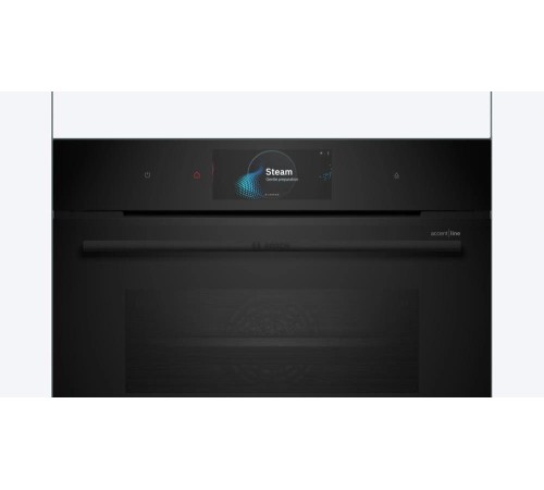 Встраиваемая электрическая духовка BOSCH Accent Line. Компактный духовой шкаф-пароварка, черный, 14 режимов + комбинированные режимы, функция приготовление на пару 100%, 4-слойное остекление, 3 цветных текстовых TFT-дисплея 2,5" с сенсорным управлени