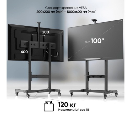 ONKRON мобильная стойка для ТВ 50"-100", макс 120кг, наклонная, чёрная TS1991 ONKRON мобильная стойка для ТВ 50"-100", макс 120кг, наклонная, чёрная TS1991