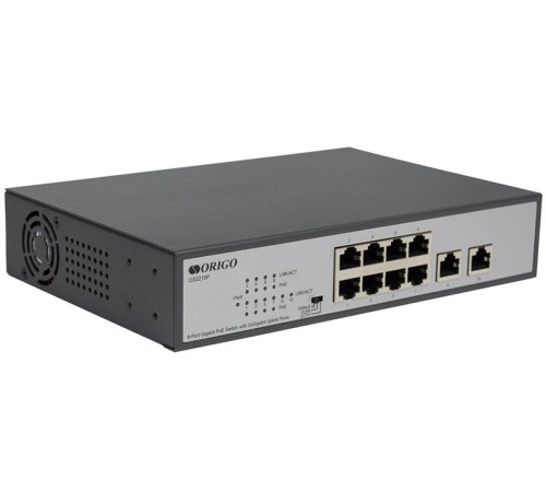 Коммутатор ORIGO Неуправляемый PoE-коммутатор, 8x1000Base-T PoE, 2x1000Base-T, PoE-бюджет 120 Вт, PoE до 250 м, комплект для установки в 19" стойку