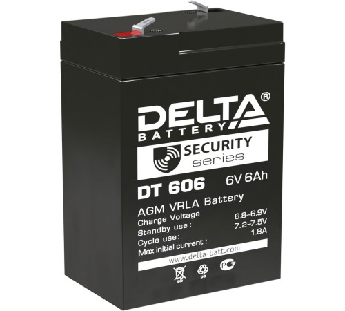 Батарея DELTA серия DT, DT 606, напряжение 6В, емкость 6Ач (разряд 20 часов), макс. ток разряда (5 сек.) 90А, макс. ток заряда 1.8А, свинцово-кислотная типа AGM, клеммы F1, ДxШxВ 70х48х101мм., вес 0.81кг., срок службы 5 лет./ Battery DELTA series DT, DT Батарея DELTA серия DT, DT 606, напряжение 6В, емкость 6Ач (разряд 20 часов), макс. ток разряда (5 сек.) 90А, макс. ток заряда 1.8А, свинцово-кислотная типа AGM, клеммы F1, ДxШxВ 70х48х101мм., вес 0.81кг., срок службы 5 лет./ Battery DELTA series DT, DT