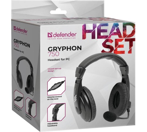 Компьютерная гарнитура Defender 63750 Gryphon 750 черный, кабель 2 м Компьютерная гарнитура Defender 63750 Gryphon 750 черный, кабель 2 м
