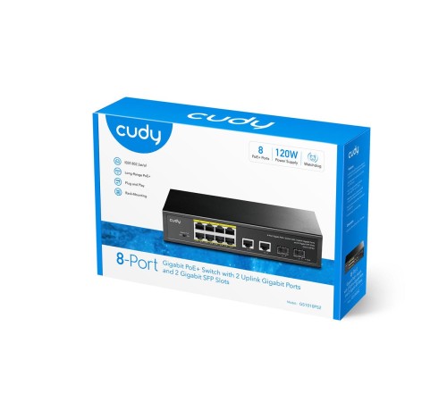Коммутатор/ 8-10/100/1000 BASE-T Gigabit ports,2-Port 10/100/1000 BASE-T Gigabit Uplink ports, 2-1000 BASE-X SFP Slot, 8-port IEEE 802.3at PoE+ Injector, Supports PoE power up to 30W for each PoE port, Extend Mode (Port#7 and #8 support transmit distance