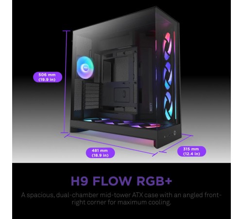 Корпус без блока питания/ Case NZXT H9 Flow RGB+ (2025), Midi-Tower, TG, 6x140mm RGB + 1x120mm RGB, 2xUSB-A 3.2 + 1xUSB-C 3.2, E-ATX, ATX, mATX, mITX Black