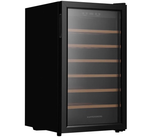 Винный шкаф KUPPERSBERG/ Винный шкаф KUPPERSBERG, отдельностоящий, High-Tech, объем 128 л, вместимость 40 бутылок, диапазон температуры 5-20 градусов, механическое открытие двери, 6 полок из бука, LCD дисплей, уровень шума 38 дБ, цвет черный