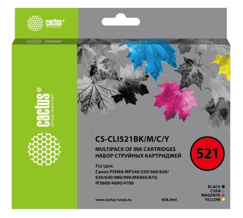 -/ Картридж струйный Cactus CS-CLI521BK/M/C/Y черный/голубой/желтый/пурпурный набор (33.6мл) для Canon