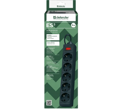 Сетевой фильтр Defender ES 5 5 м, черный, 5 розеток/ Surge Protector Defender ES 5 5m, black, 5 outlets Сетевой фильтр Defender ES 5 5 м, черный, 5 розеток/ Surge Protector Defender ES 5 5m, black, 5 outlets