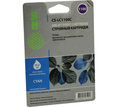 -/ Картридж струйный Cactus CS-LC1100C голубой (16мл) для Brother DCP-385c/6690cw/MFC-990/5890/5895/649