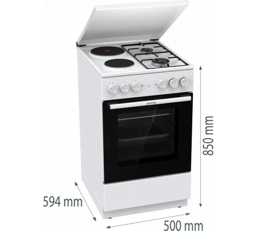 Комбинированная плита Gorenje/ Комбинированная плита Gorenje, полезный объем 68 л, очистка паром AquaClean, сводчатая форма духовки, механическое управление, электроподжиг, цвет белый