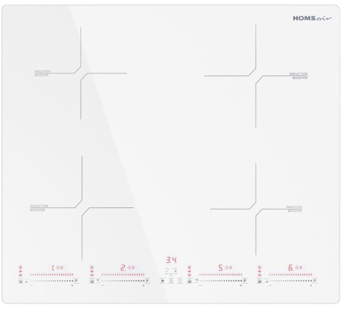 Встраиваемая варочная панель HOMSAir/ Индукционная варочная панель HOMSair HIC64SWH, 60 см, 4 конфорки, мощность конфорок 2000, 2000, 1200, 1200 Вт, сенсорное управление, бустер, автоматическое выключение, 9 уровней мощности, блокировка панели, таймер, бе