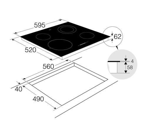 Встраиваемые электрические панели ASKO/ Арт. 732067 ПРОМО ; стеклокерамика, электрическая, 4.7 х 59.5 х 52, 4 конфорки, электронное управление, сенсорные переключатели, черный цвет