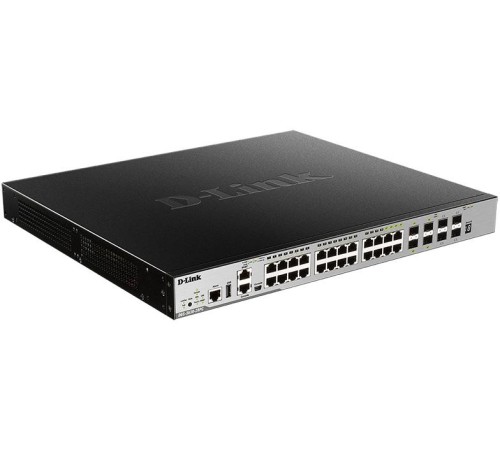 Коммутатор/ Managed L3 Stackable Switch 20x1000Base-T PoE, 4x10GBase-X SFP+, 4xCombo 1000Base-T PoE/SFP, PoE Budget 370W (740W with DPS-700), Surge 6KV, CLI, 1000Base-T Management, RJ45 Console, mini-USB Console, USB, RPS, Alarm RJ-45, Dying Gasp, Standar