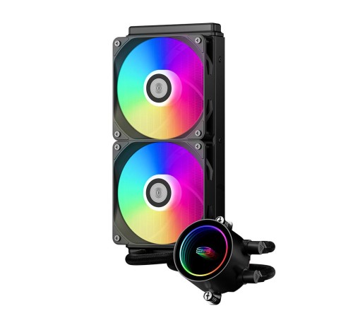 Система охлаждения/ Water Cooling System PCCooler DA240 ARGB BK (270W, 240mm, Black, ARGB/ Fans: 2x120mm, 73.6CFM, -dBA, 1800RPM/ Pump height 55mm, -dBA, 3000RPM, Rad thickness 27mm/ S: 1851, 1700, 1200, 20XX, 115X, AM5, AM4) Система охлаждения/ Water Cooling System PCCooler DA240 ARGB BK (270W, 240mm, Black, ARGB/ Fans: 2x120mm, 73.6CFM, -dBA, 1800RPM/ Pump height 55mm, -dBA, 3000RPM, Rad thickness 27mm/ S: 1851, 1700, 1200, 20XX, 115X, AM5, AM4)