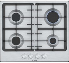 Встраиваемая газовая панель BOSCH Serie 4, газовая варочная панель, 60см, нержавеющая сталь, 4 конфорки,1 конфорка повышенной мощности, составные чугунные решетки, газ-контроль, автоматический электроподжиг, сделано в Испании