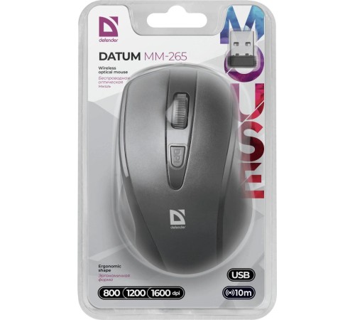 Беспроводная оптическая мышь Defender 52265 Datum MM-265 черный,3 кнопки,1600 dpi Беспроводная оптическая мышь Defender 52265 Datum MM-265 черный,3 кнопки,1600 dpi