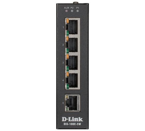 Коммутатор/ DIS-100E-5W Unmanaged Industrial Switch 5x100Base-TX, Surge 2KV, Alarm relay, DIN-Rail, metal case IP30, -40 to 75°C, only DC power, w/o power supply