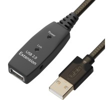GCR Удлинитель активный 10.0m USB 2.0, AM/AF, GOLD, черно-прозрачный, с усилителем сигнала Premium, разъём для доп.питания, 24/22 AWG