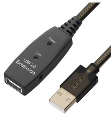 GCR Удлинитель активный 10.0m USB 2.0, AM/AF, GOLD, черно-прозрачный, с усилителем сигнала Premium, разъём для доп.питания, 24/22 AWG