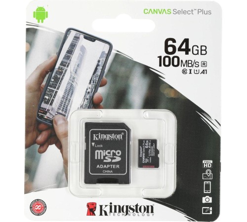 Карта памяти/ Kingston Canvas Select Plus microSDXC 64Gb Class 10 Flash U1 V10 R/W 100/85 MB/s with adapter Карта памяти/ Kingston Canvas Select Plus microSDXC 64Gb Class 10 Flash U1 V10 R/W 100/85 MB/s with adapter