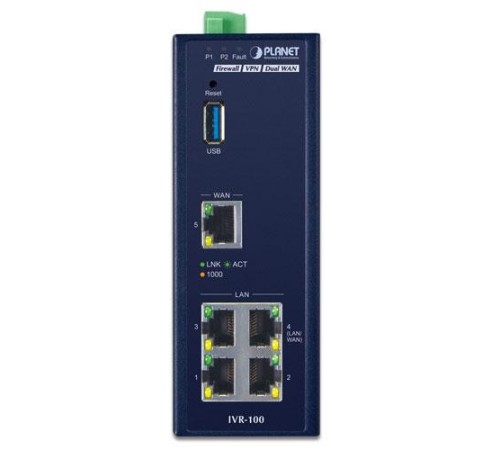 шлюз/ PLANET IVR-100 Industrial 5-Port 10/100/1000T VPN Security Gateway: Dual-WAN Failover and Load Balancing, Cyber Security, SPI Firewall, Content Filtering, DoS Attack Prevention, Port Range Forwarding, SSL VPN and robust hybrid VPN (IPSec/GRE/PPTP/L2