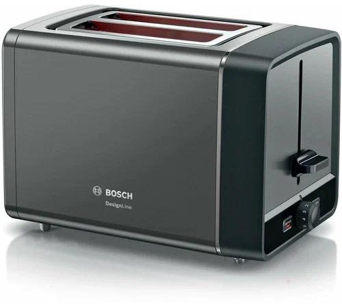 Тостер Bosch/ Тостер Bosch, 2 отделения, 7 уровней прожарки, электромеханическое управление, поддон для крошек, мощность 970 Вт, функция разморозки, подогрев, КНОПКА "Stop", цвет графитовый/черный