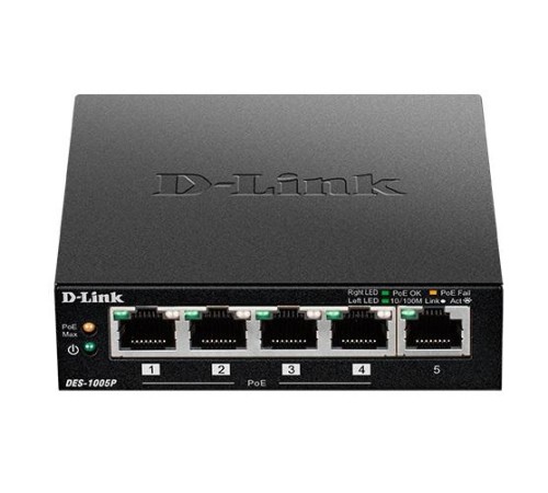 Коммутатор D-Link Неуправляемый PoE-коммутатор, 5x100Base-TX (4x100Base-TX PoE), PoE-бюджет 60 Вт, корпус металл