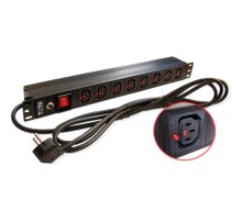 Блок розеток Блок розеток 19", 1-фазный с выключателем,10A / 250V, 8xC13 с фиксатором вилки, шнур 3.0 м, вилка Schuko