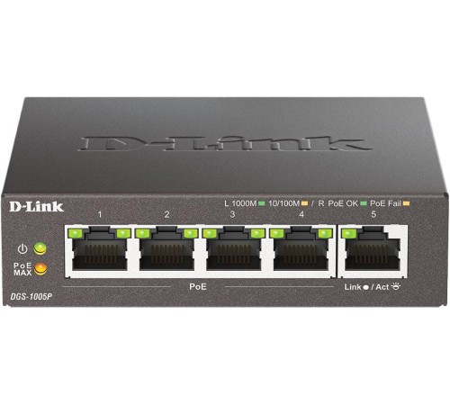 Коммутатор/ Неуправляемый PoE-коммутатор, 5x1000Base-T (4x1000Base-T PoE), PoE-бюджет 60 Вт, корпус металл