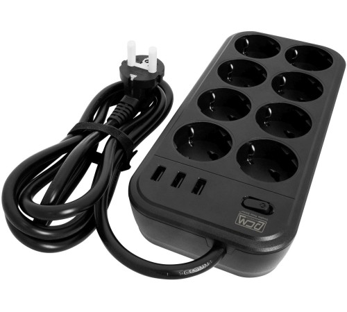 Фильтр-удлинитель PowerCom SP-08 USB03AB 3.0M, 8 розеток, черный, 16А, 4кВт, 175Дж, 3*USB, защитные шторки, защита от КЗ, перегрузки, ВЧ и импульсных помех, кабель 3x1 мм2, ШхГхВ 230х105х45 мм, вес 0.68 кг./ Surge protector PowerCom SP-08 USB03AB 3.0M, 8