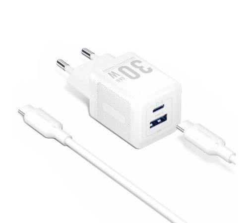Набор для зарядки Vention з/у GaN 30W 2 порта USB (C + A) и кабель USB-C 3А Белый, шт. Набор для зарядки Vention з/у GaN 30W 2 порта USB (C + A) и кабель USB-C 3А Белый, шт.