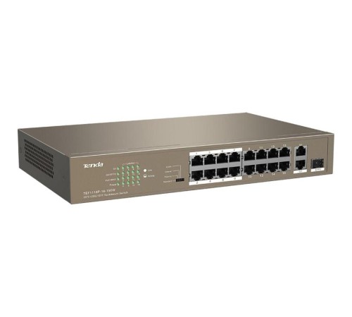 Коммутатор/ Tenda TEF1118P-16-150W Коммутатор неуправляемый PoE, 18 портов, 16х100 Мбит/с, 2x1 Гбит/с, PoE 16х30 Вт (до 130Вт), установка в стойку