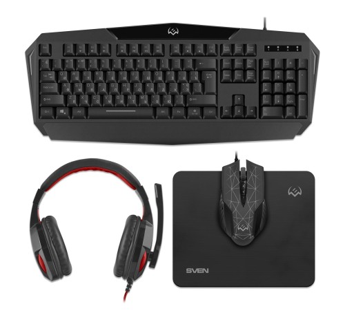 Игровой набор клавиатура+мышь+гарнитура+коврик SVEN GS-4300 (104 кл.+12Fn, 8 смен. кл., 200-4800DPI) Игровой набор клавиатура+мышь+гарнитура+коврик SVEN GS-4300 (104 кл.+12Fn, 8 смен. кл., 200-4800DPI)