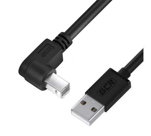 GCR Кабель 0.5m USB 2.0, AM/BM угловой левый, черный, 28/28 AWG