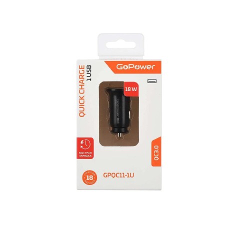 Сетевое З/У/ Автомобильное З/У GoPower GPQC11-1U 1USB 18W черный (1/100) Сетевое З/У/ Автомобильное З/У GoPower GPQC11-1U 1USB 18W черный (1/100)