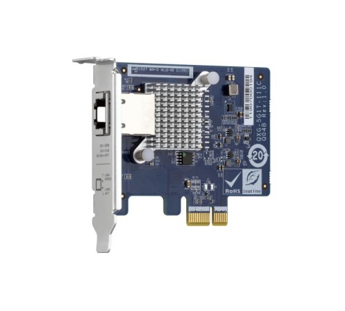 Сетевая карта/ QNAP QXG-5G1T-111C PCIe Gen2 x1, Single-port 4-speed 5 GbE network expansion card (5Gbps/ 2.5Gbps/ 1Gbps/ 100Mbps)  Low-profile bracket pre-installed; full-height and specialized brackets are bundled