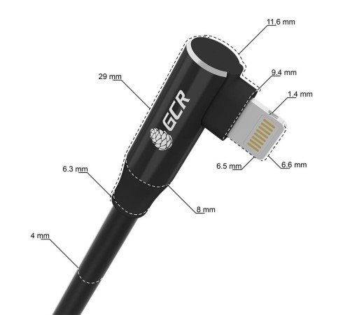 GCR Кабель PREMIUM 0.3m Lightning угловой для PowerBank, MFI, силикон черный, AL case черный, GCR-53916