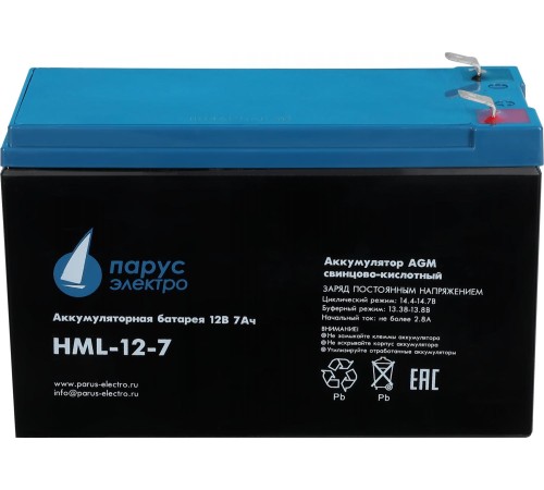 Батарея Парус Электро, профессиональная серия HML-12-7, напряжение 12В, емкость 7.2Ач (разряд 20 часов), макс. ток разряда (5сек) 140А, макс. ток заряда 2.8А, свинцово-кислотная типа AGM, клеммы F2, ДхШхВ 151х65х94мм., полная высота с клеммами 101мм., вес Батарея Парус Электро, профессиональная серия HML-12-7, напряжение 12В, емкость 7.2Ач (разряд 20 часов), макс. ток разряда (5сек) 140А, макс. ток заряда 2.8А, свинцово-кислотная типа AGM, клеммы F2, ДхШхВ 151х65х94мм., полная высота с клеммами 101мм., вес