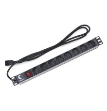  Cabeus PDU-8P-2IEC Блок евророзеток для 19" шкафов, гориз., 8 розеток, 10 A, выключатель, алюминиевый корпус, шнур 2 м, вилка IEC 320 C14