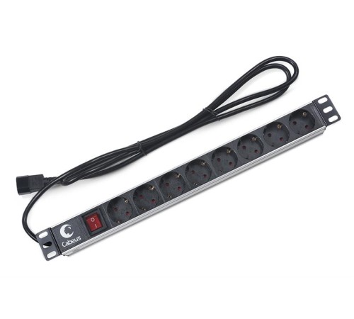 Cabeus PDU-8P-2IEC Блок евророзеток для 19" шкафов, гориз., 8 розеток, 10 A, выключатель, алюминиевый корпус, шнур 2 м, вилка IEC 320 C14