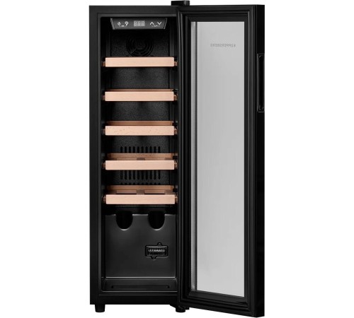 Винный шкаф KUPPERSBERG/ Винный шкаф KUPPERSBERG, отдельностоящий, High-Tech, объем 45 л, вместимость 12 бутылок, диапазон температуры 5-20 градусов, механическое открытие двери, 5 полок из бука, LCD дисплей, уровень шума 38 дБ, цвет черный