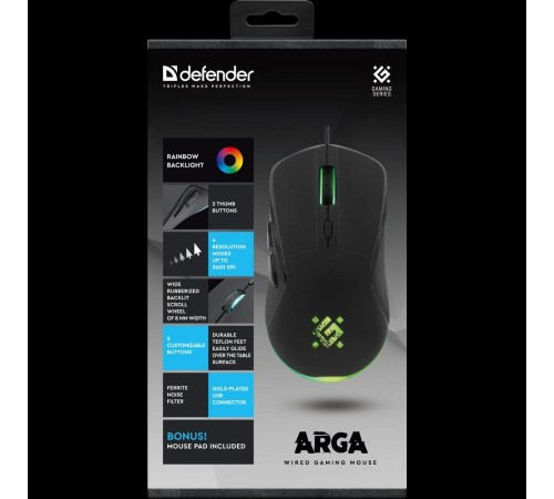 Defender Проводная игровая мышь Arga GM-049 черн,радуж,6кн,3600dpi,+ковер