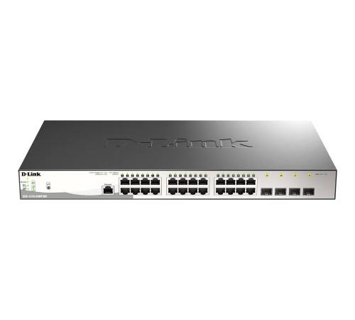 Коммутатор/ DGS-1210-28MP/ME Managed L2 Metro Ethernet Switch 24x1000Base-T PoE, 4x1000Base-X SFP, PoE Budget 370W, Surge 6KV, CLI, RJ45 Console, Dying Gasp