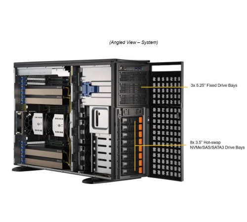 Серверная платформа/ GPU SuperServer SYS-741GE-TNRT (X13DEG-QT, CSE-749TS-R2K05BP) (2 x LGA-4677, 16xDDR5 Up to 4TB, 8x 3.5" NVMe/SATA/SAS, 2 M.2 NVMe for boot drive only, 4x PCIe 5.0 x16 (double-width) slots, 3x PCIe 5.0 x16 (single-width) slots, 2x