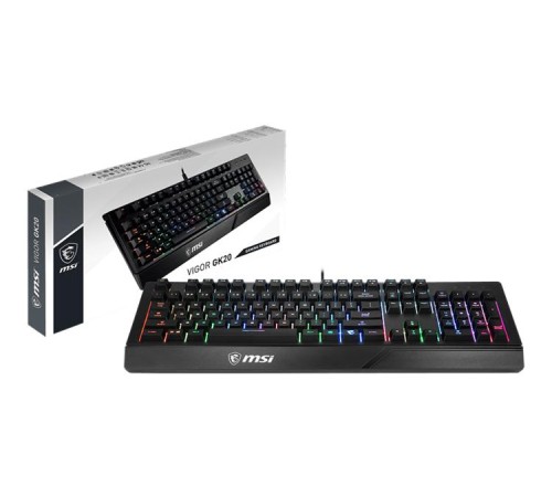клавиатура проводная Gaming Keyboard MSI VIGOR GK20, Wired, membrane Keyboard with ergonomic keycaps and wrist rest.  12 Key Anti-ghosting Capability. Water Resistant (spill-proof), Static multi-colour backlighting, Black