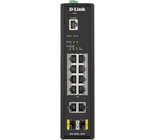 Коммутатор/ DIS-200G-12PS Managed L2 Industrial Switch 10x1000Base-T (8x1000Base-T PoE), 2x1000Base-X SFP, PoE Budget 123W, Surge 6KV, CLI, RJ45 Console, Alarm relay, Dying Gasp, DIN-Rail, metal case IP30, -40 to 65°C, w/o power adapter
